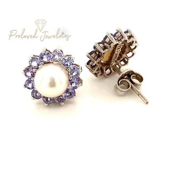 Stunning 14k Flower Shaped Tanzanite & Pearl Stud Earrings - Picture 6 of 16